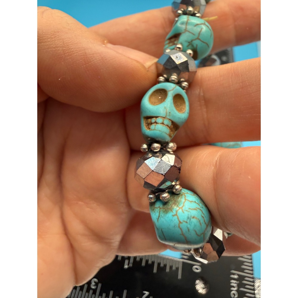 Turquoise Howlite Skull Beaded‎ Stretch Bracelet Hematite Tone Gothic Boho 6.5in